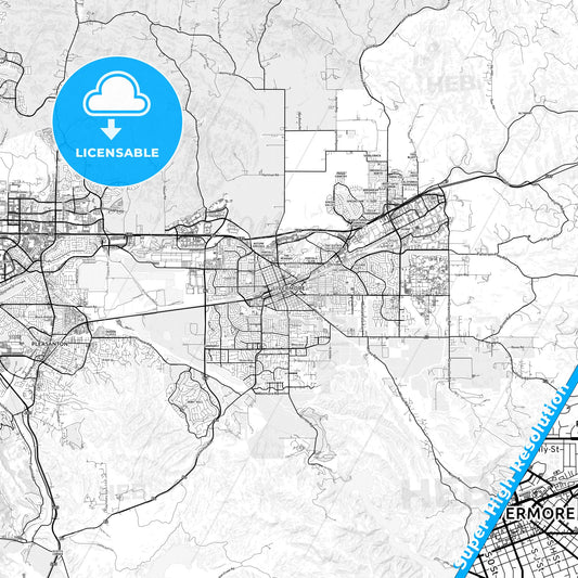 Livermore, California light map with streetnames, citynames and districts