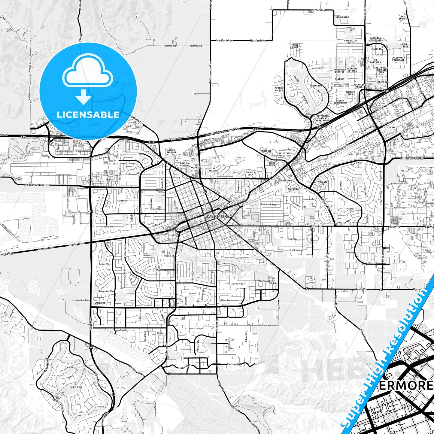 Livermore, California Light Map with Street Names, City Names, and Districts
