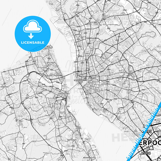 Liverpool, England light map with streetnames, citynames and districts