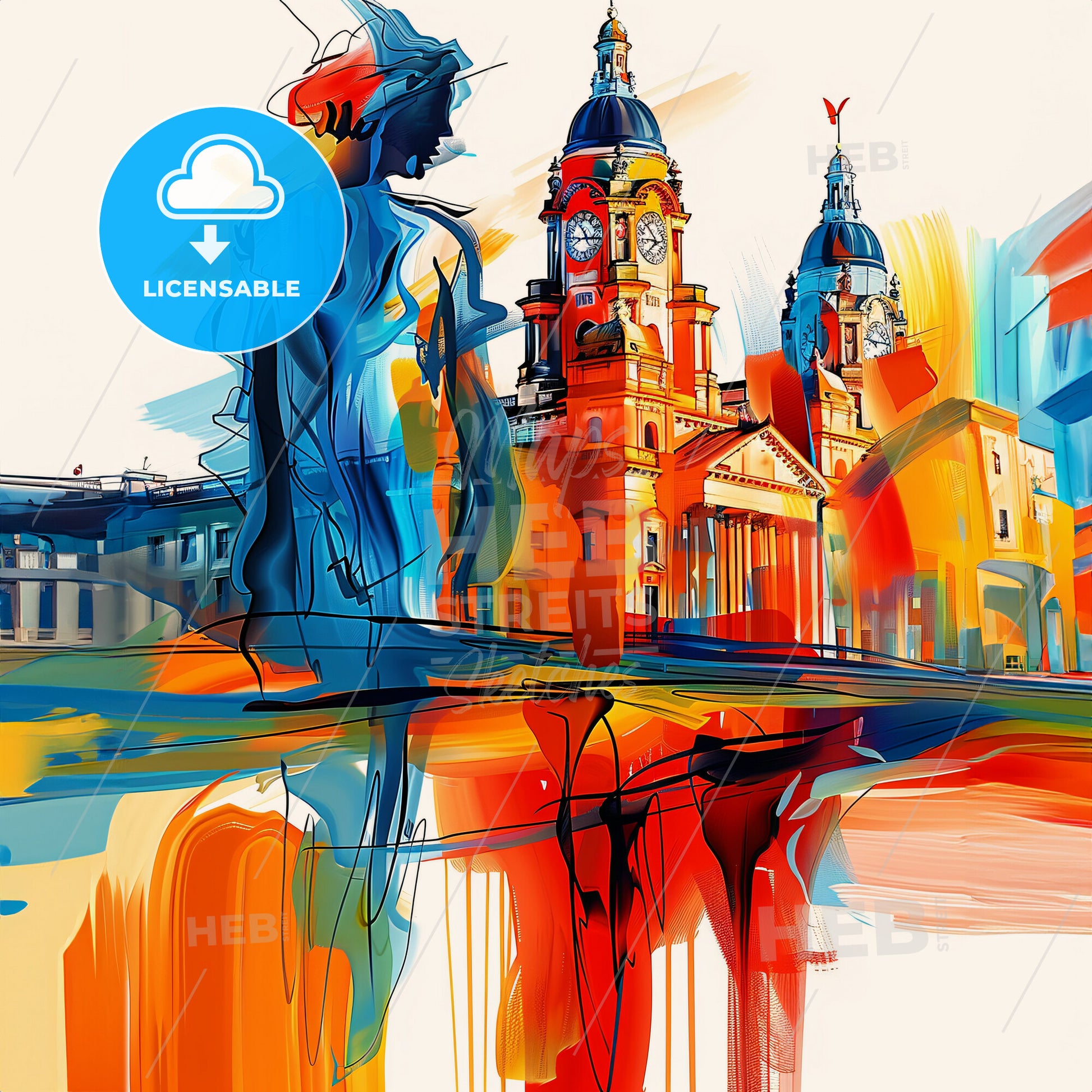 Vibrant Liverpool, England - A Painting Of A Statue And A Building