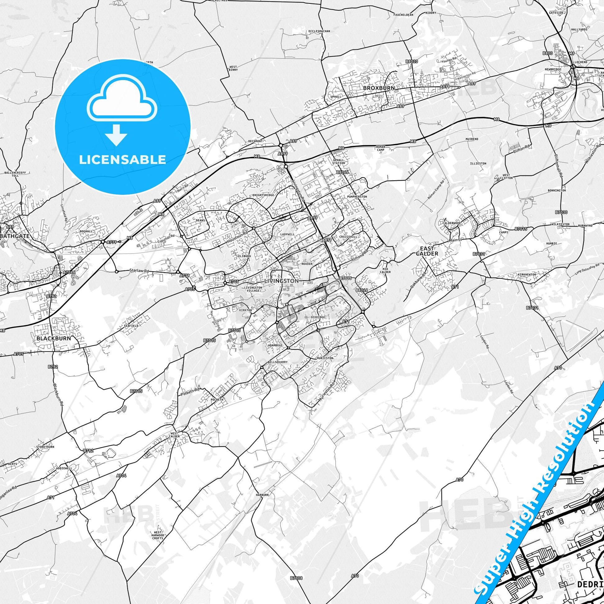 Livingston, Scotland light map with streetnames, citynames and districts
