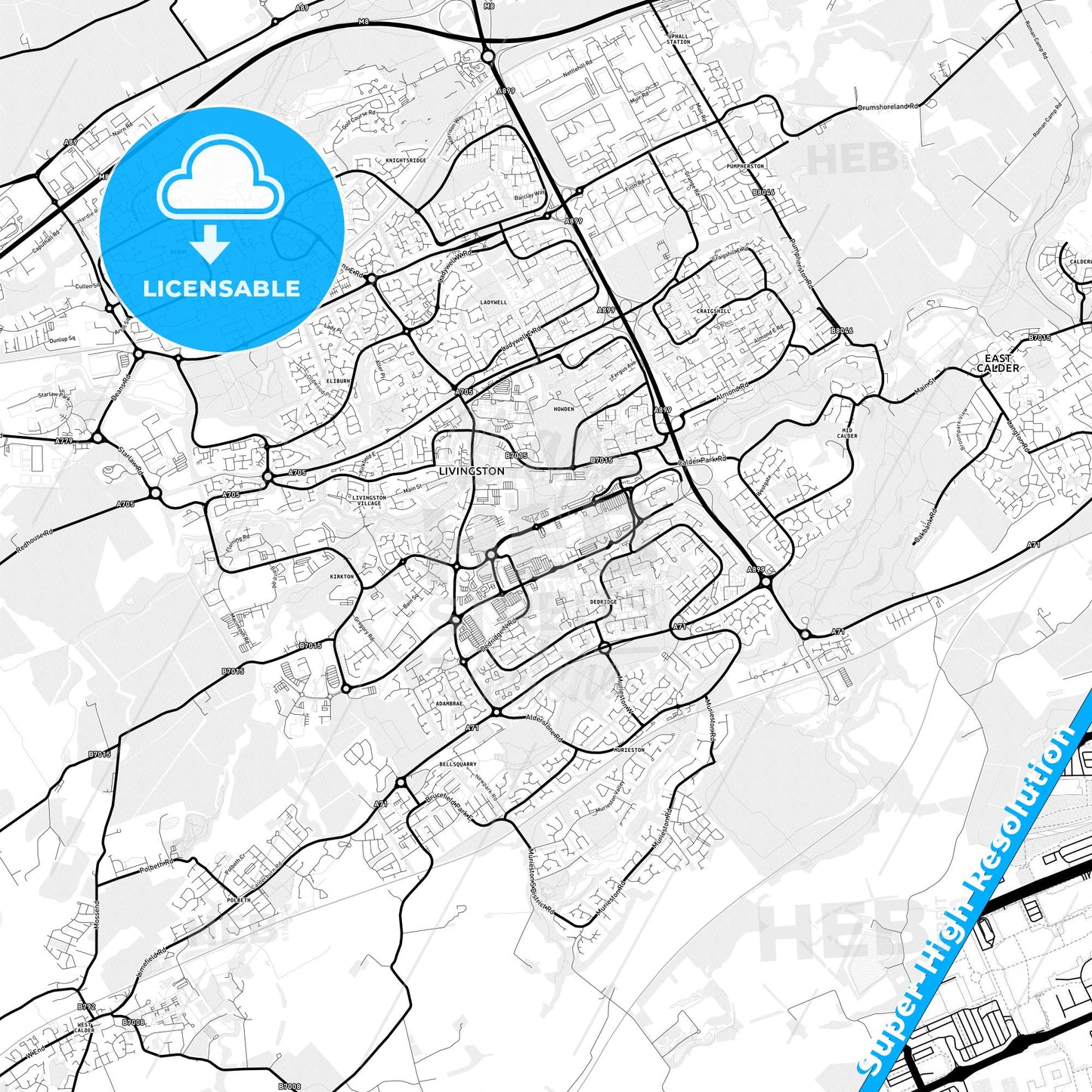 Livingston, Scotland Light Map with Street Names, City Names, and Districts