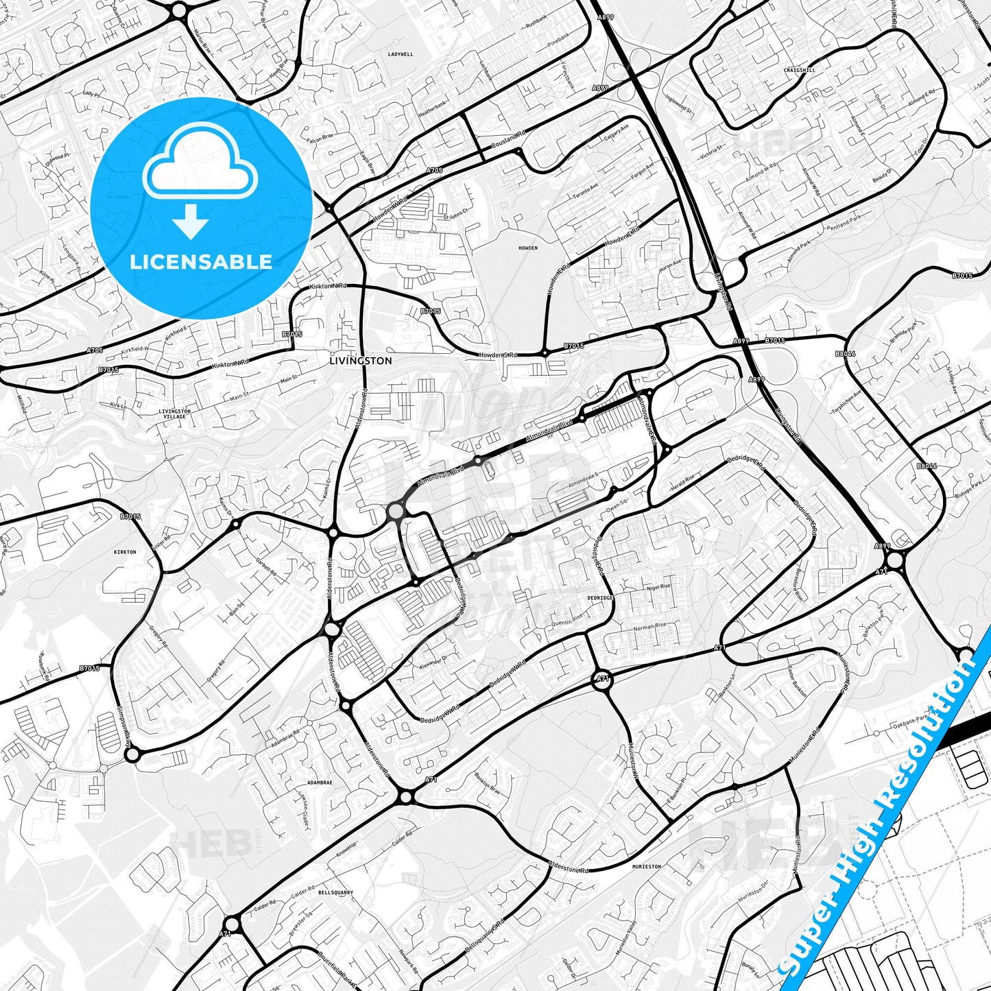 Livingston, Scotland Light Map with Street Names, City Names, and Districts