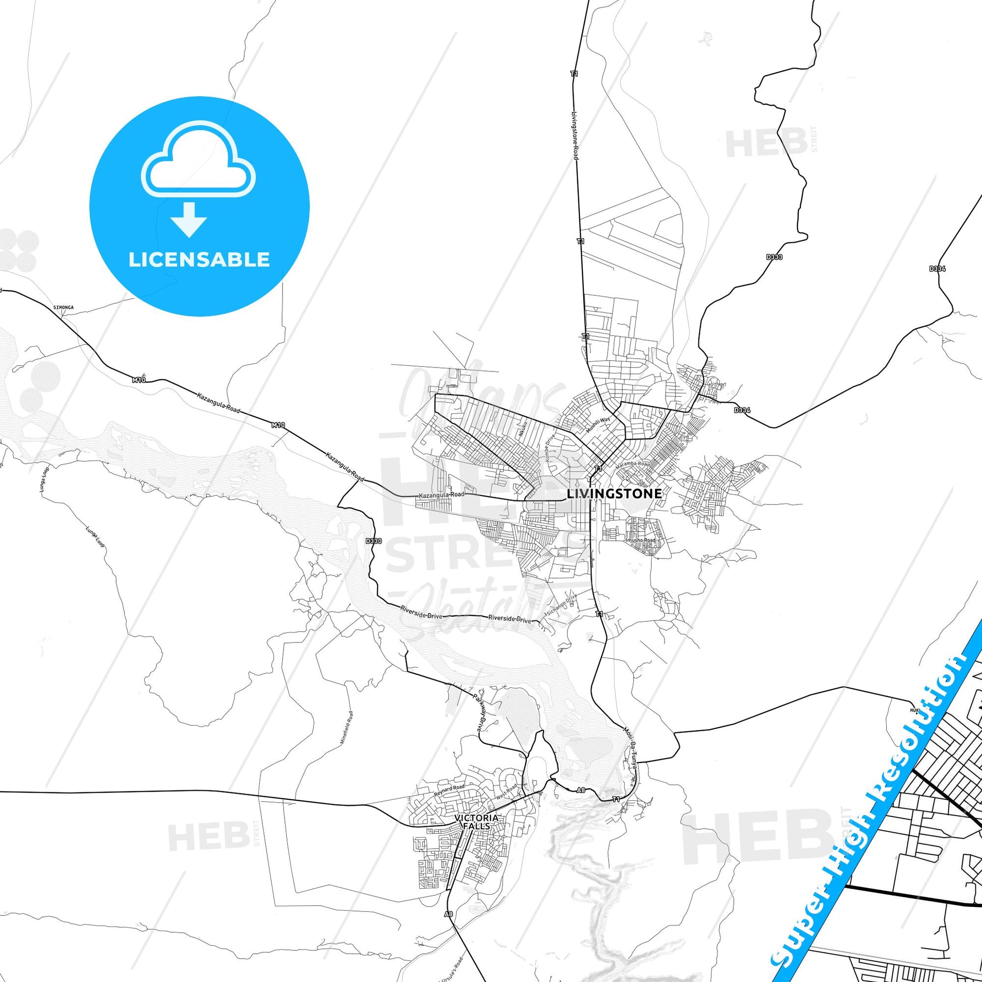 Livingstone, Zambia light map with streetnames, citynames and districts