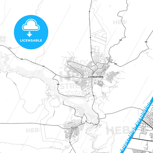 Livingstone, Zambia light map with streetnames, citynames and districts