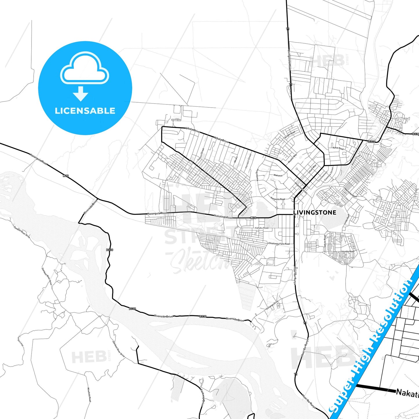 Livingstone, Zambia Light Map with Street Names, City Names, and Districts