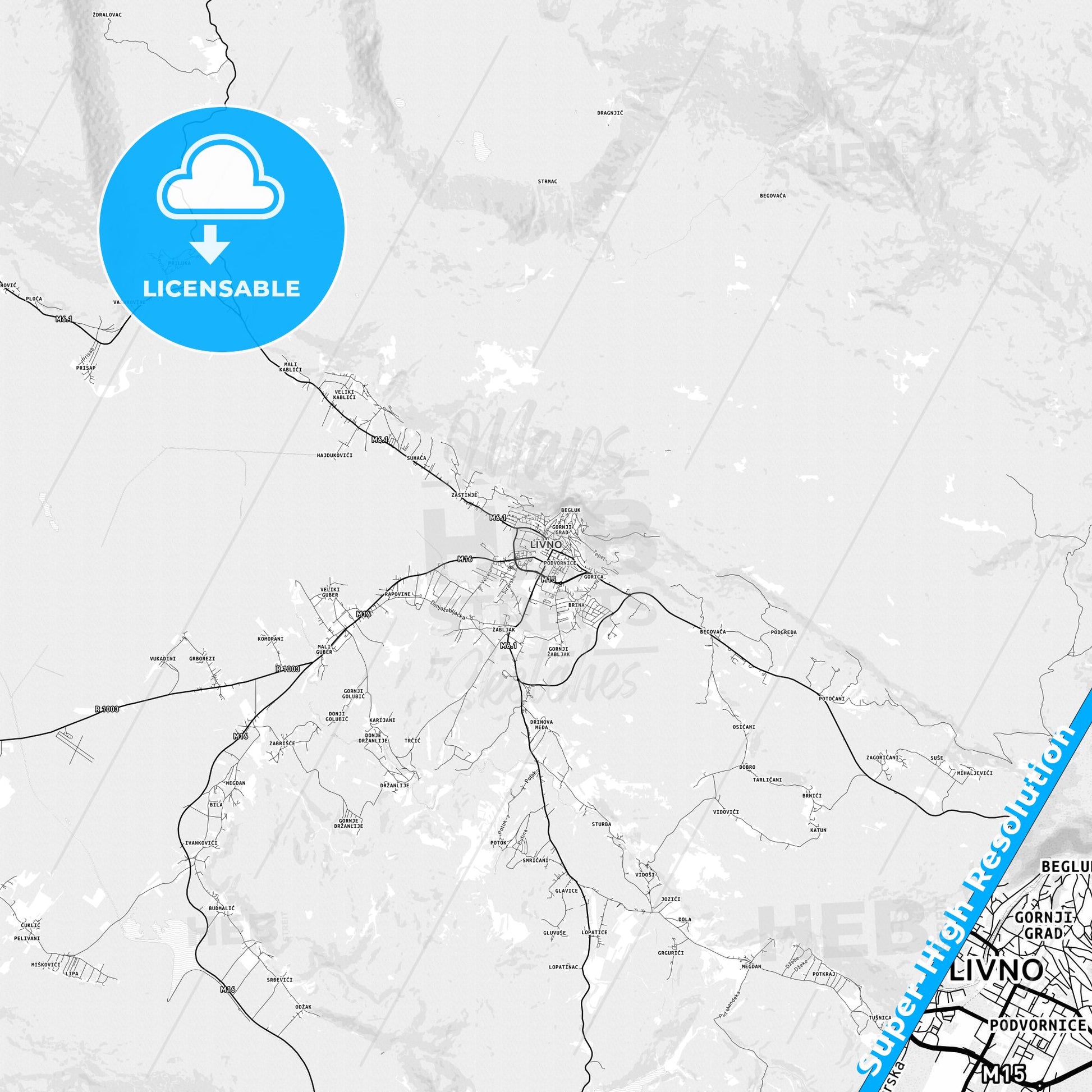 Livno, Bosnia and Herzegovina light map with streetnames, citynames and districts