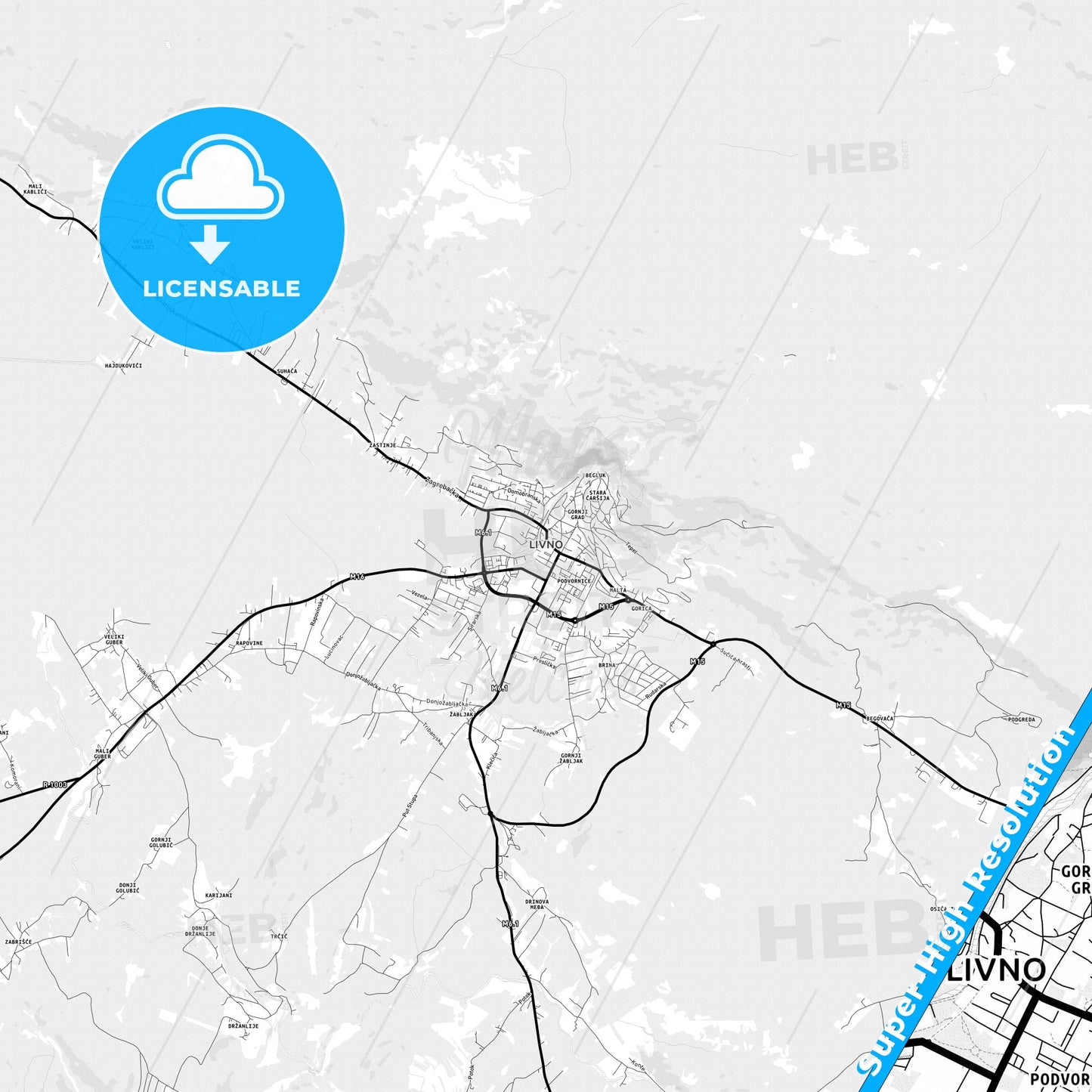 Livno, Bosnia and Herzegovina Light Map with Street Names, City Names, and Districts