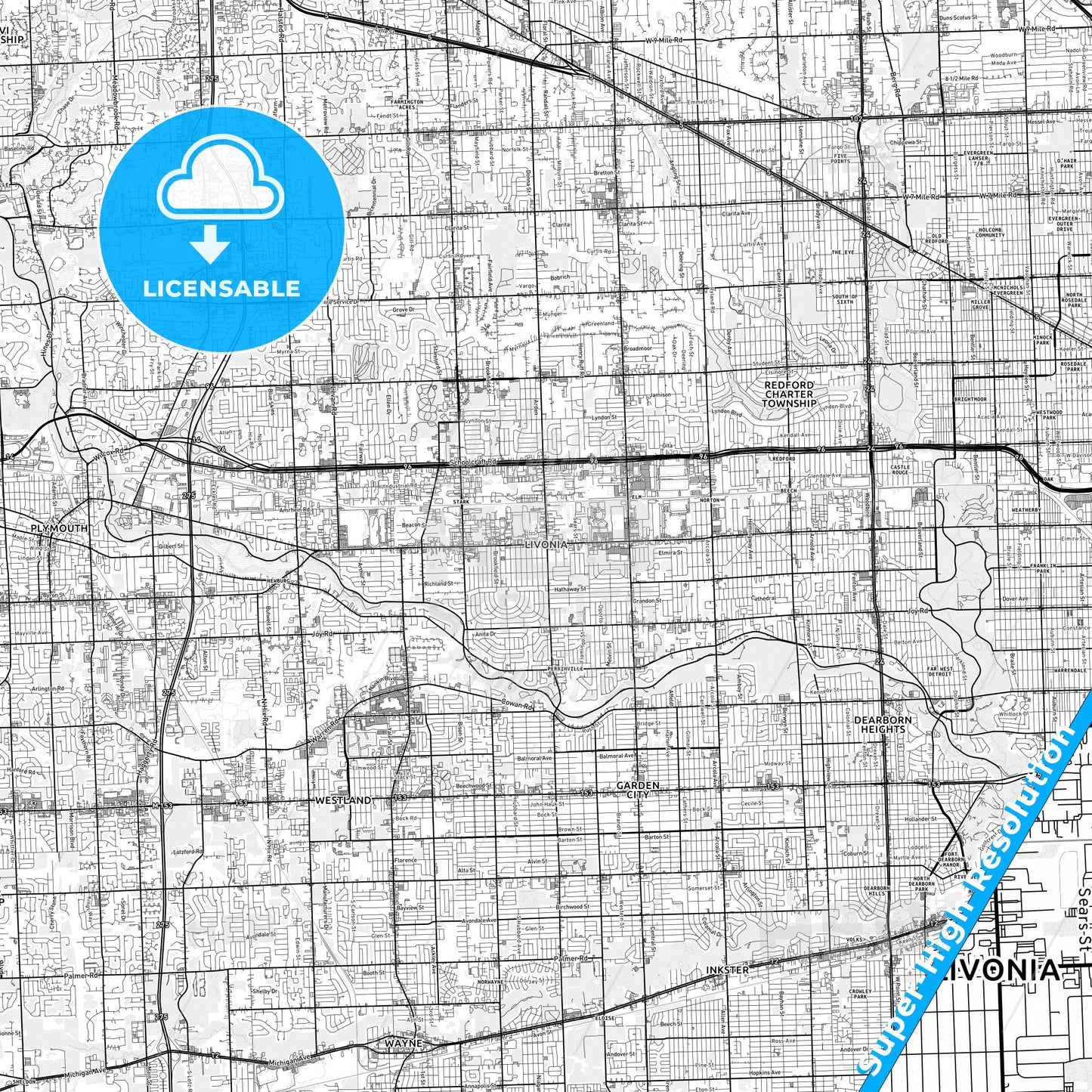 Livonia, Michigan light map with streetnames, citynames and districts