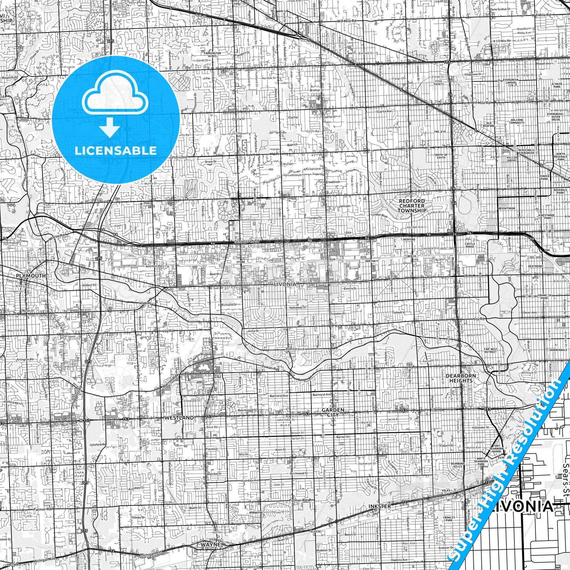 Livonia, Michigan light map with streetnames, citynames and districts