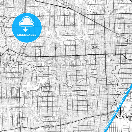 Livonia, Michigan light map with streetnames, citynames and districts