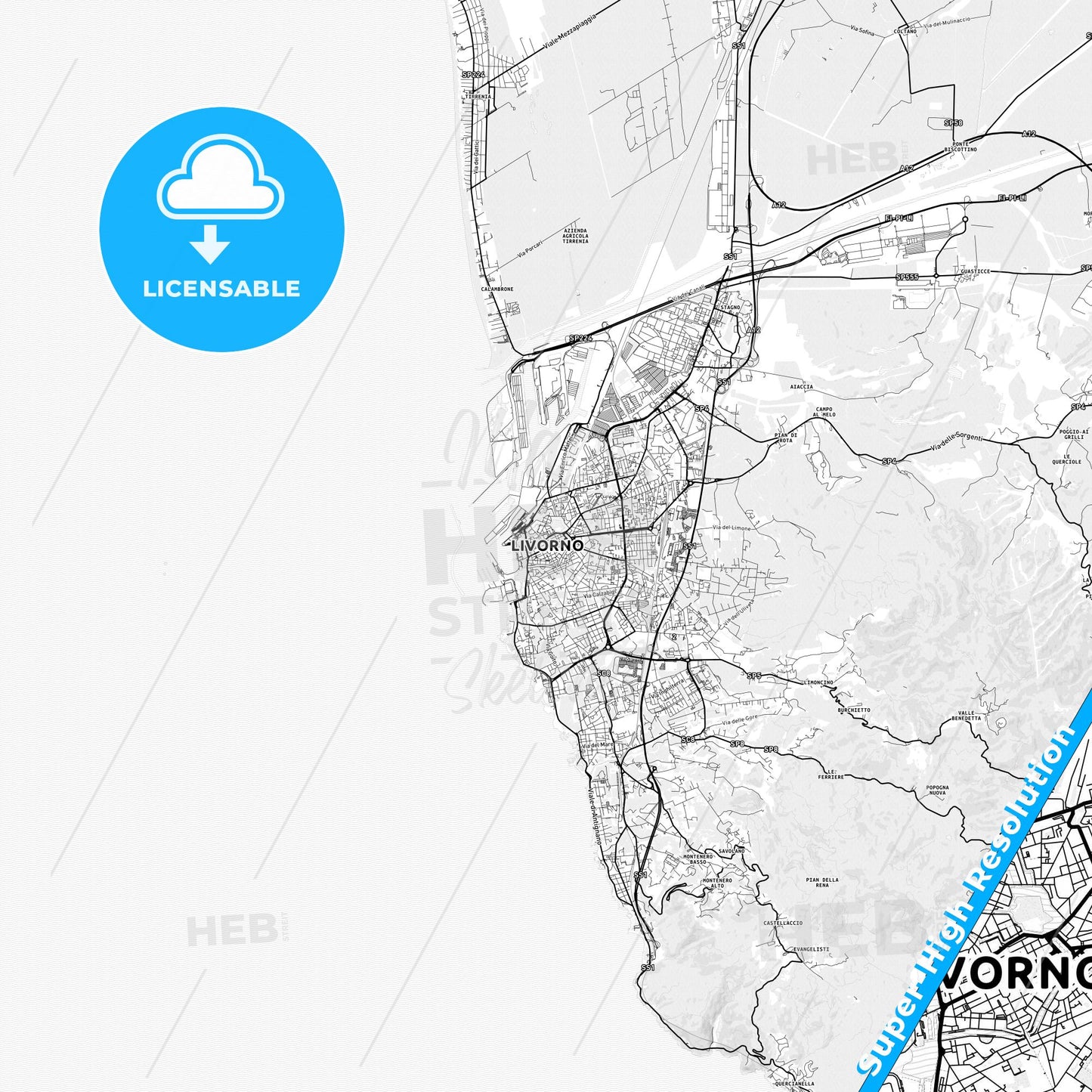 Livorno, Italy light map with streetnames, citynames and districts