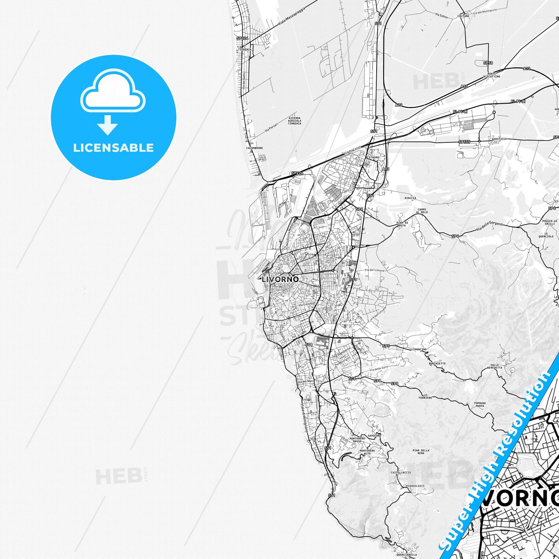 Livorno, Italy light map with streetnames, citynames and districts