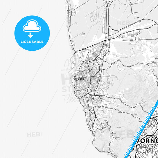 Livorno, Italy light map with streetnames, citynames and districts
