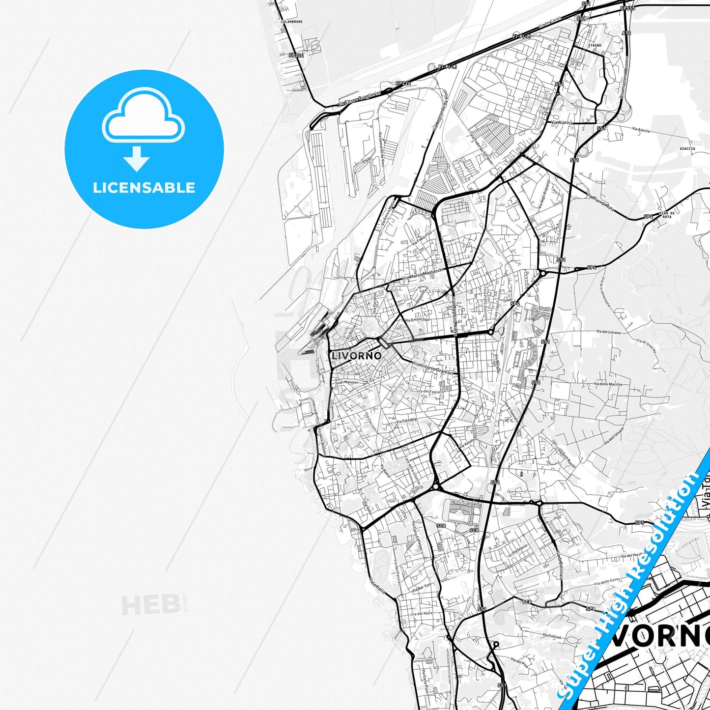 Livorno, Italy Light Map with Street Names, City Names, and Districts