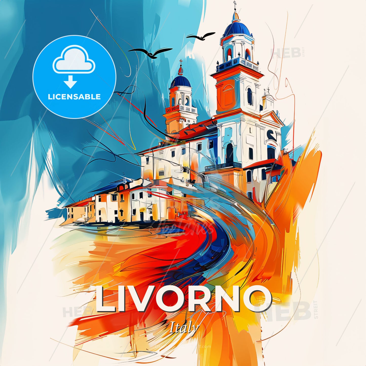 Vibrant Livorno, Italy - A Painting Of A Building With Birds Flying - Square format print template