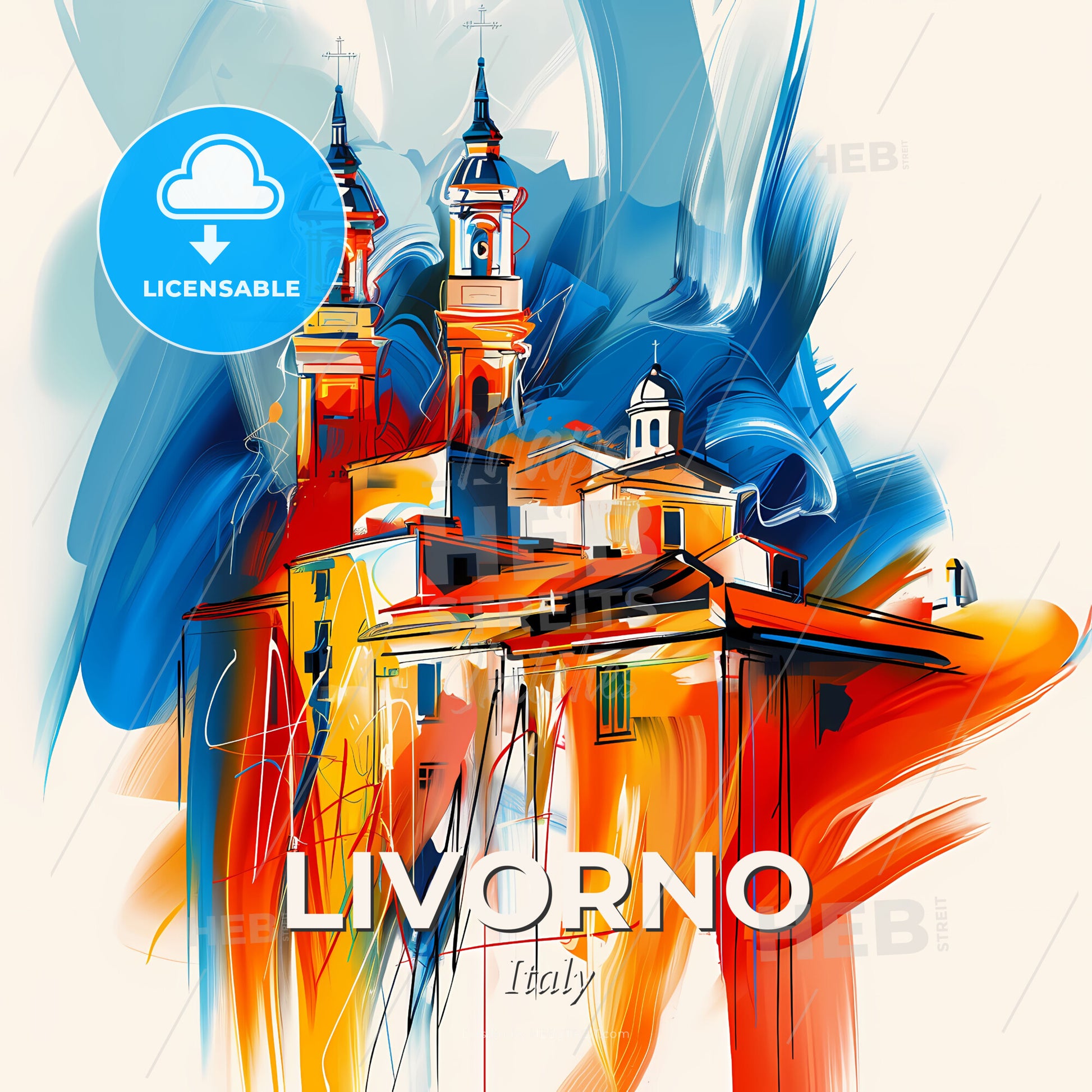 Vibrant Livorno, Italy - A Painting Of A Building With Towers And A Cross - Square format print template