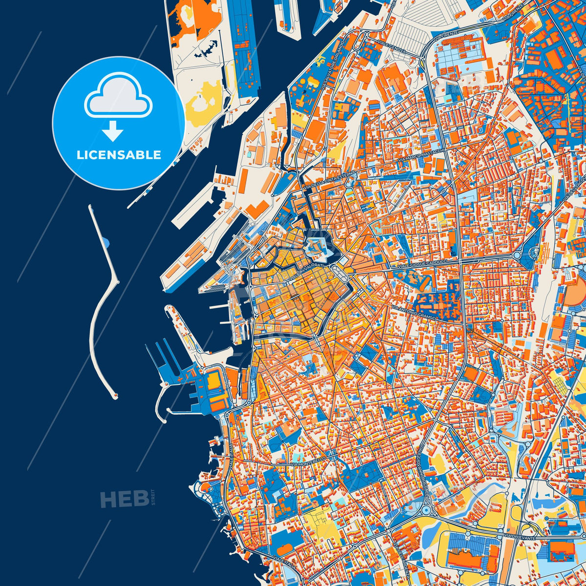 Colorful Livorno Street Map with Labels and Buildings
