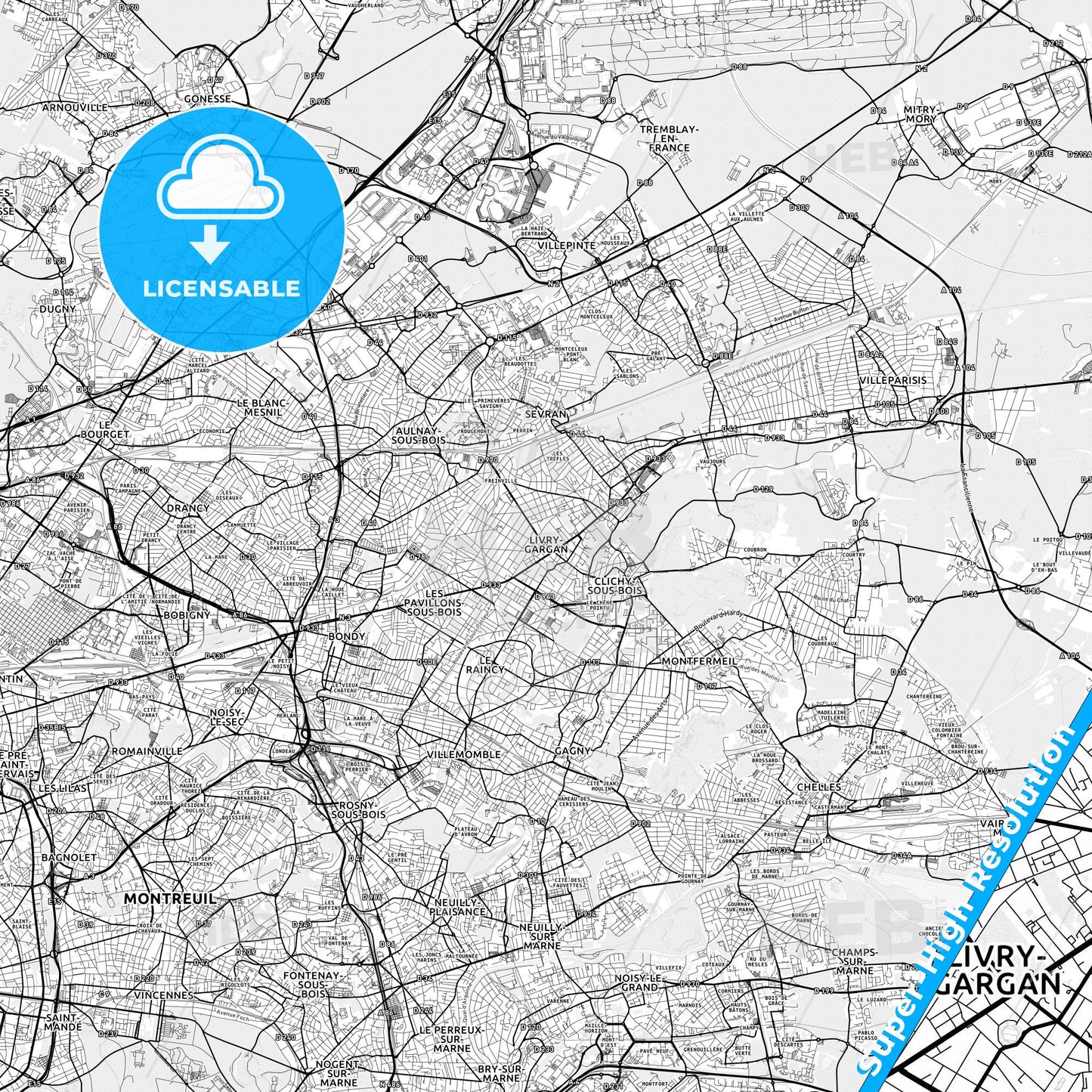 Livry-Gargan, France light map with streetnames, citynames and districts