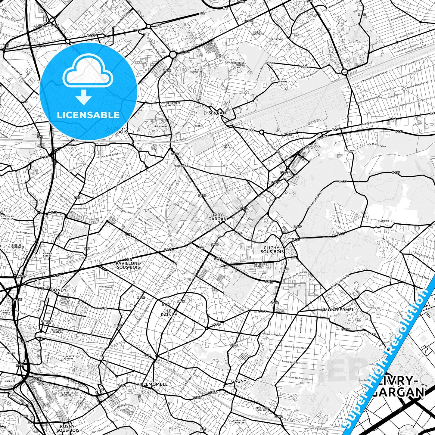 Livry-Gargan, France Light Map with Street Names, City Names, and Districts