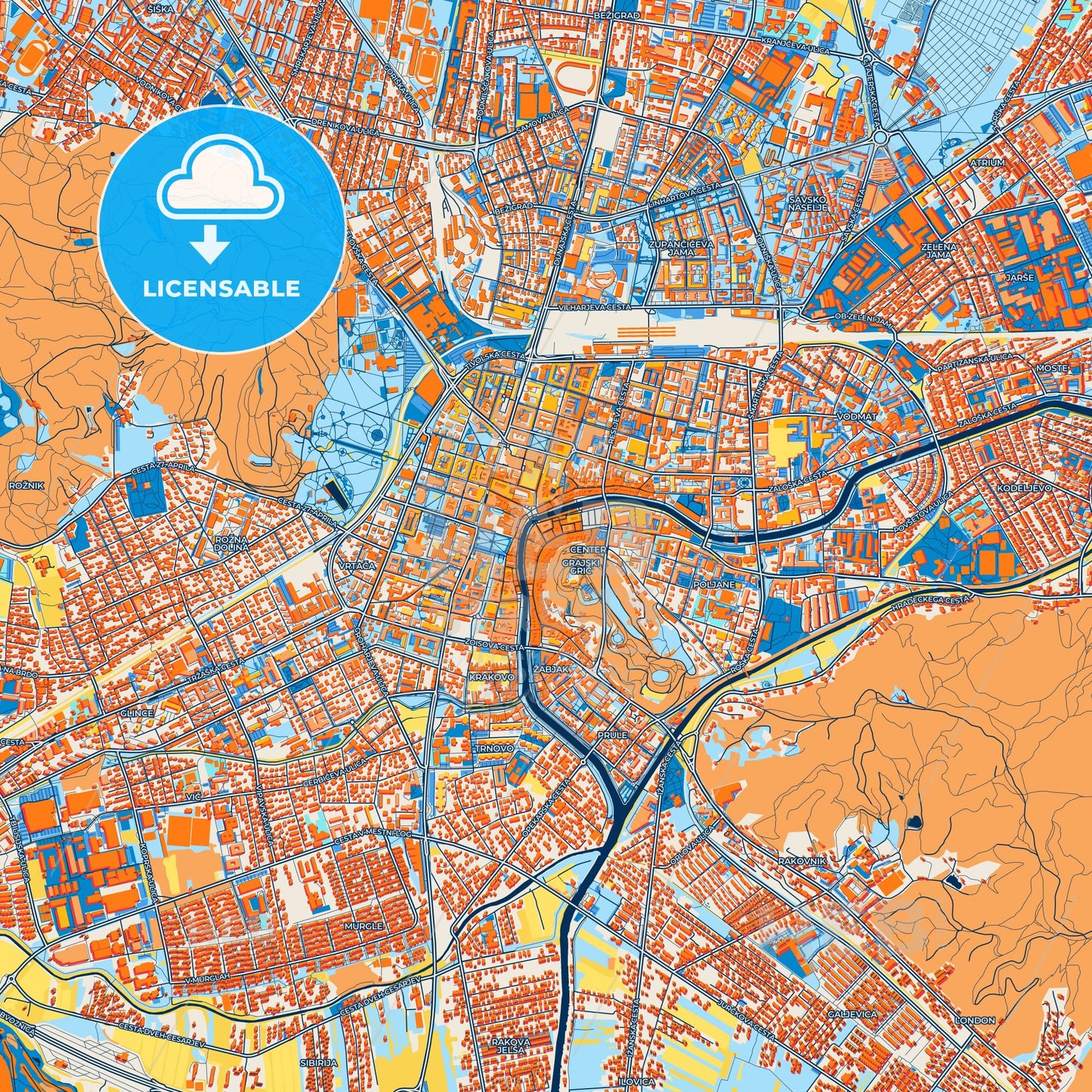 Colorful Ljubljana Street Map with Labels and Buildings