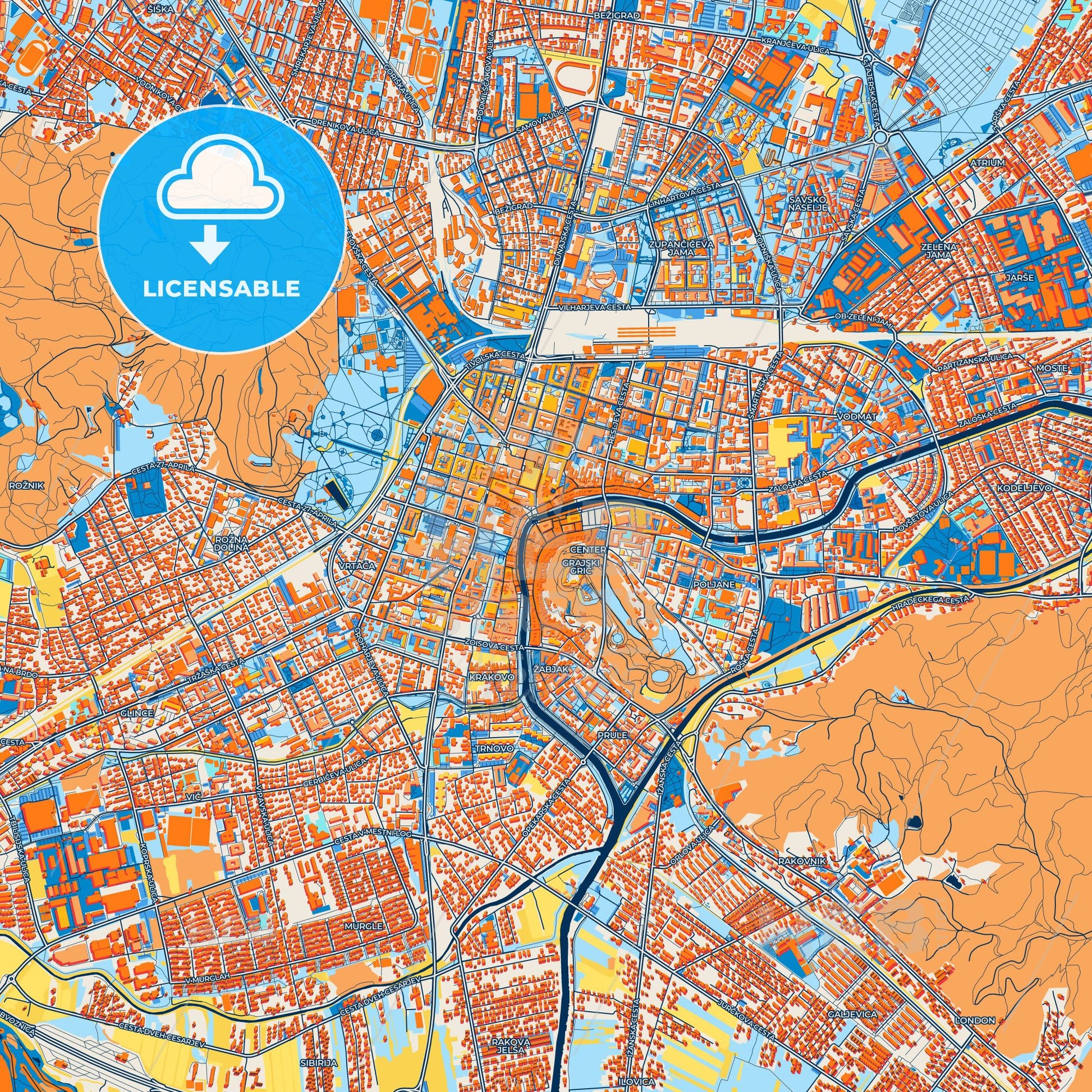Colorful Ljubljana Street Map with Labels and Buildings