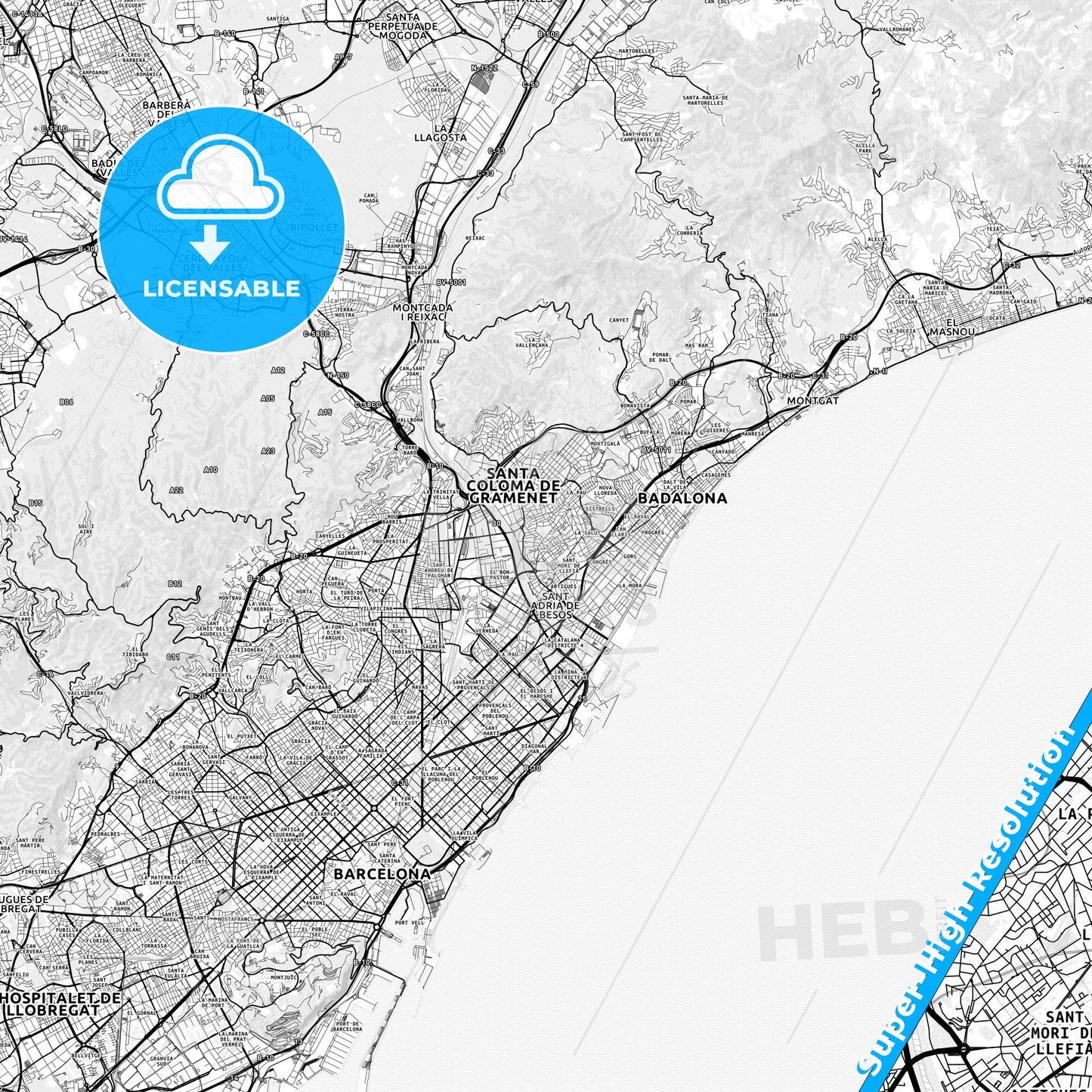 Llefià, Spain light map with streetnames, citynames and districts