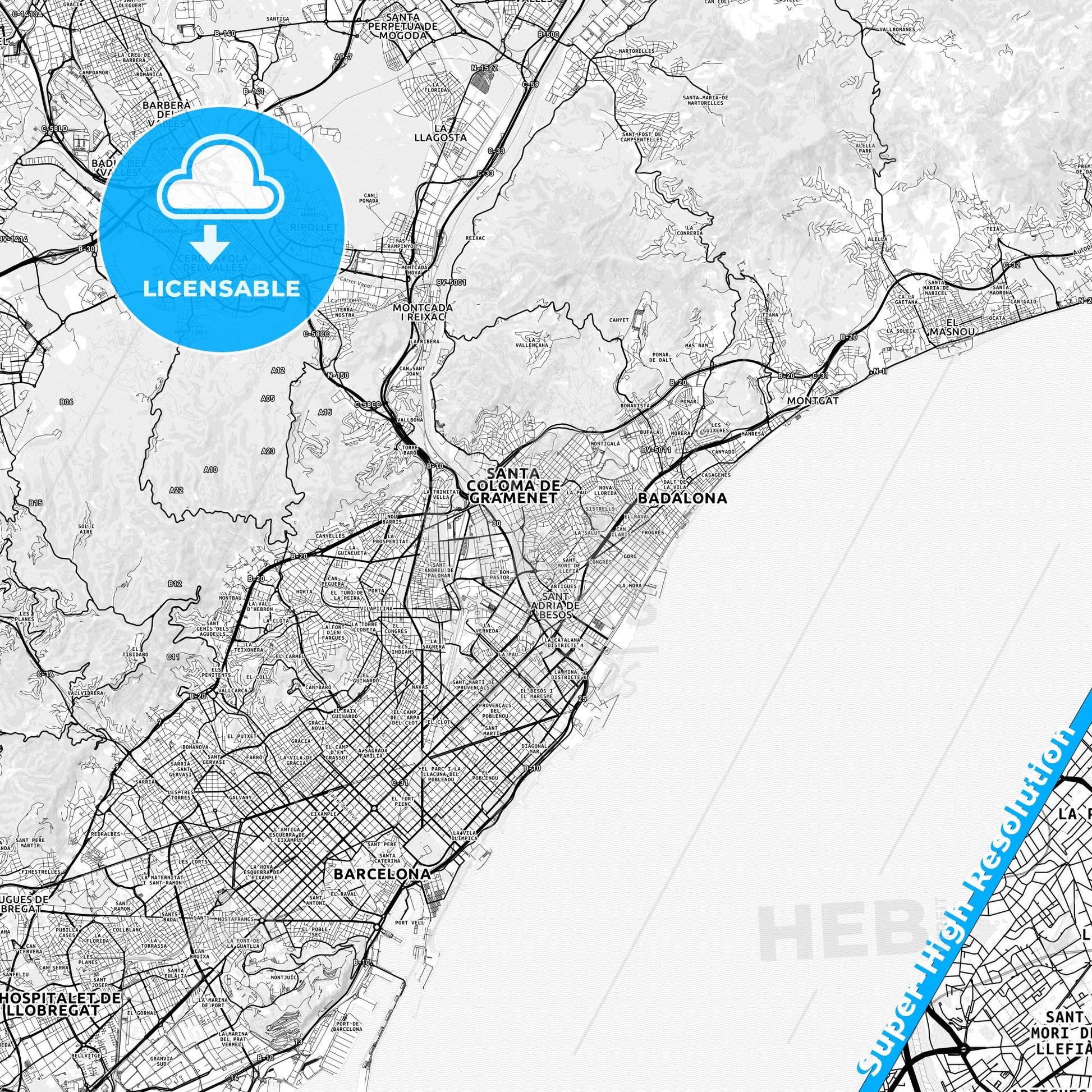 Llefià, Spain light map with streetnames, citynames and districts