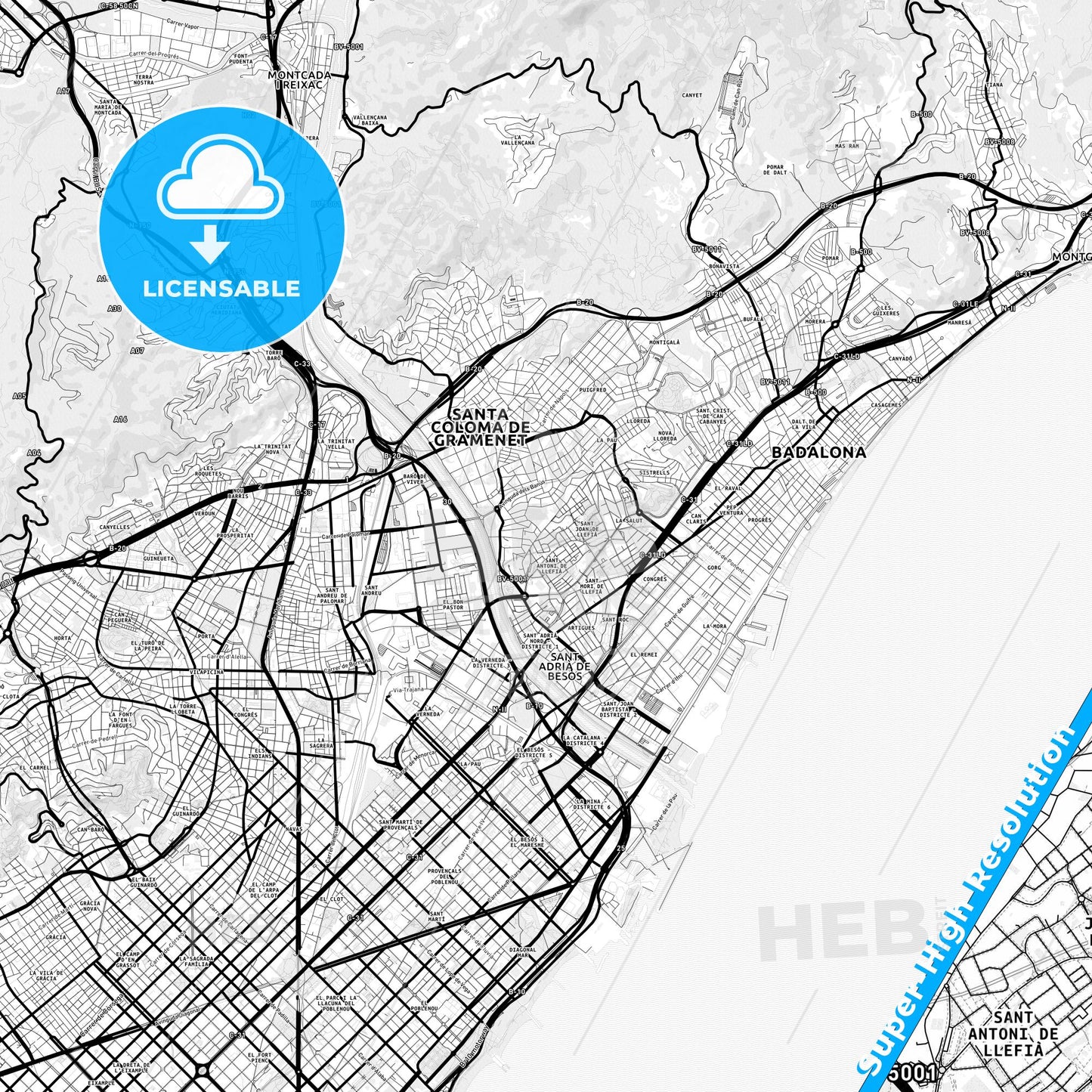 Llefià, Spain Light Map with Street Names, City Names, and Districts