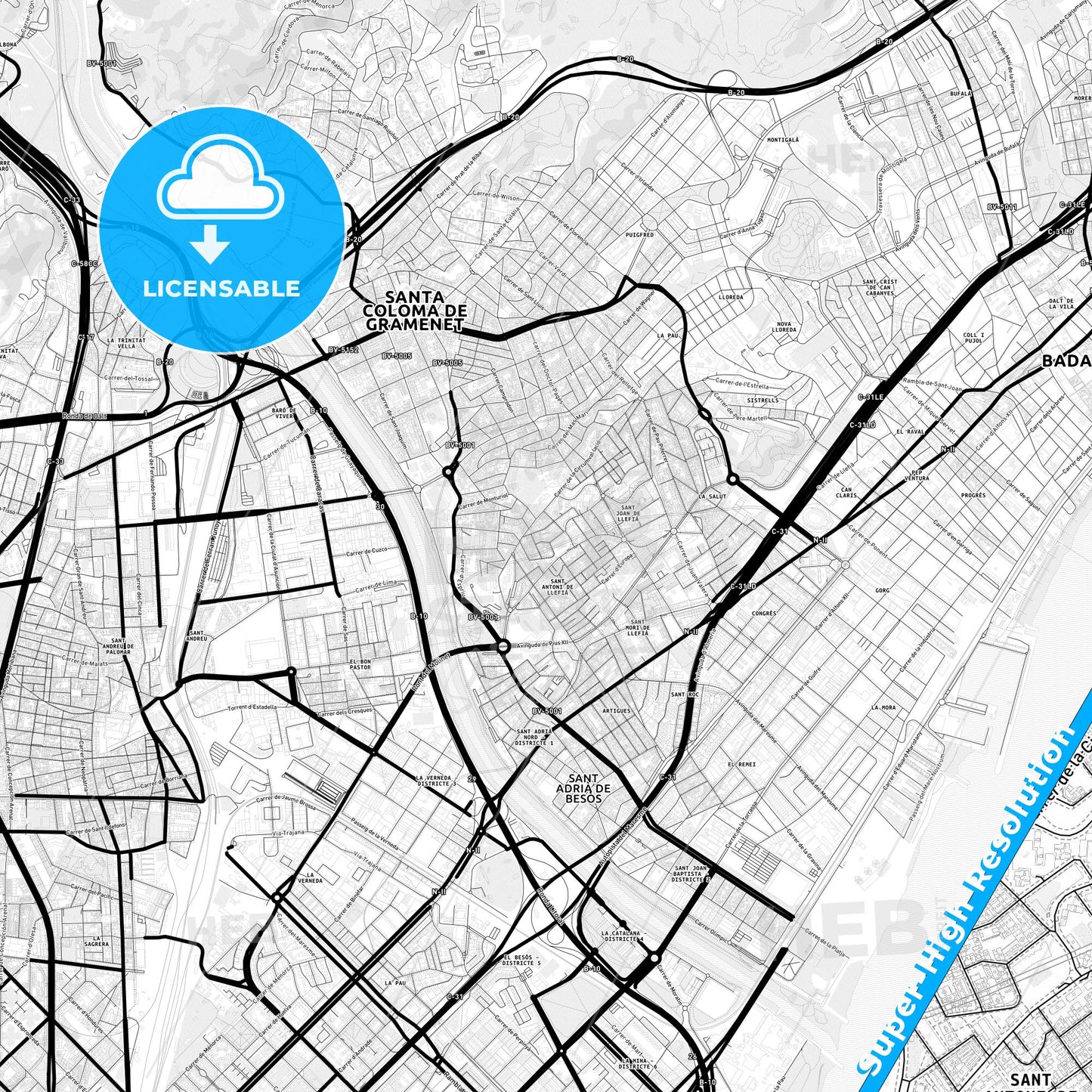 Llefià, Spain Light Map with Street Names, City Names, and Districts