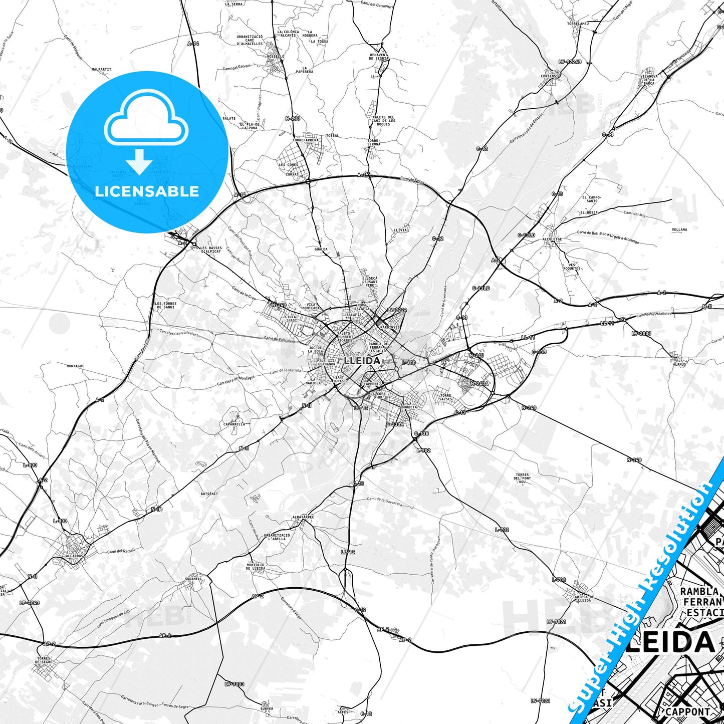Lleida, Spain light map with streetnames, citynames and districts