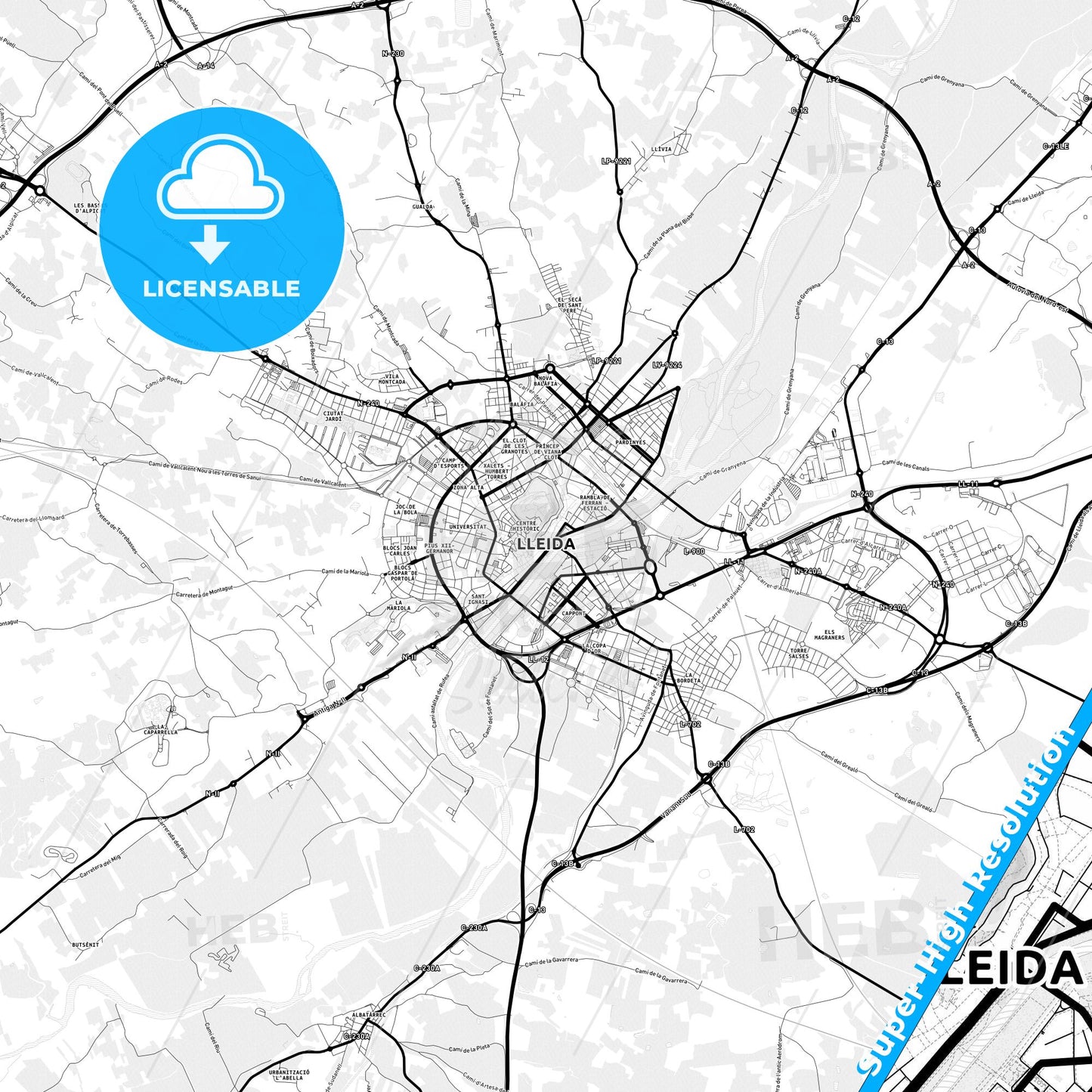 Lleida, Spain Light Map with Street Names, City Names, and Districts