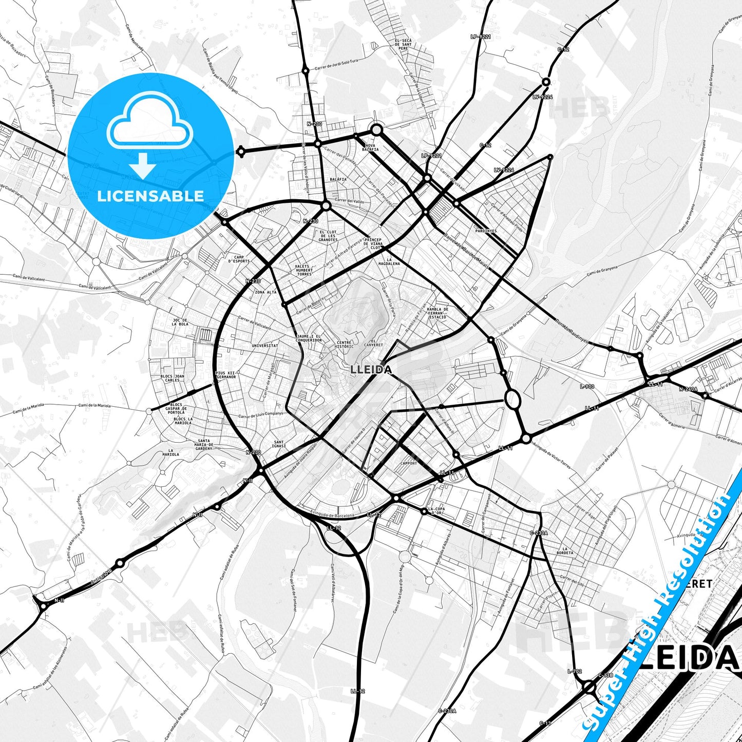 Lleida, Spain Light Map with Street Names, City Names, and Districts