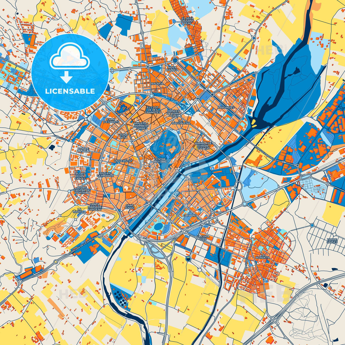 Colorful Lleida Street Map with Labels and Buildings