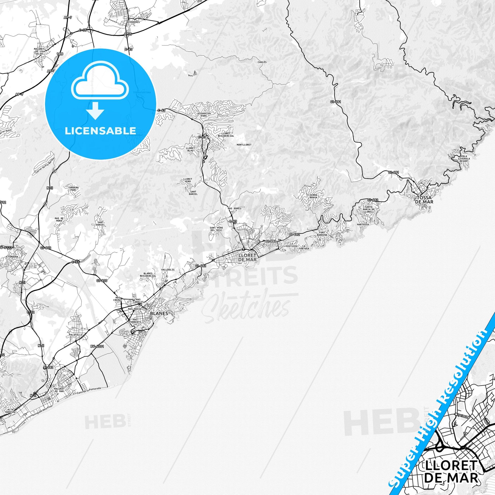 Lloret de Mar, Spain light map with streetnames, citynames and districts