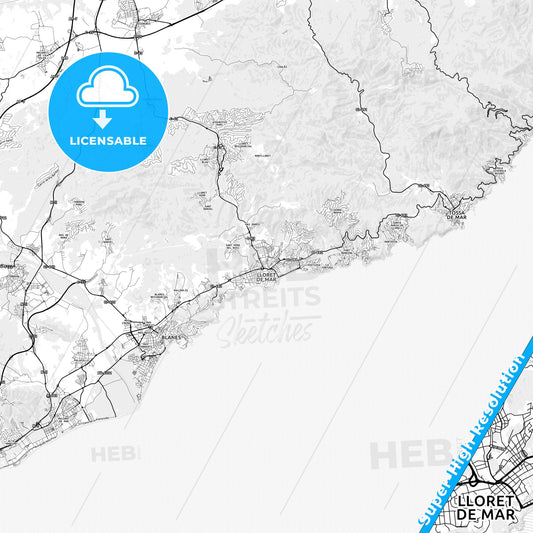 Lloret de Mar, Spain light map with streetnames, citynames and districts