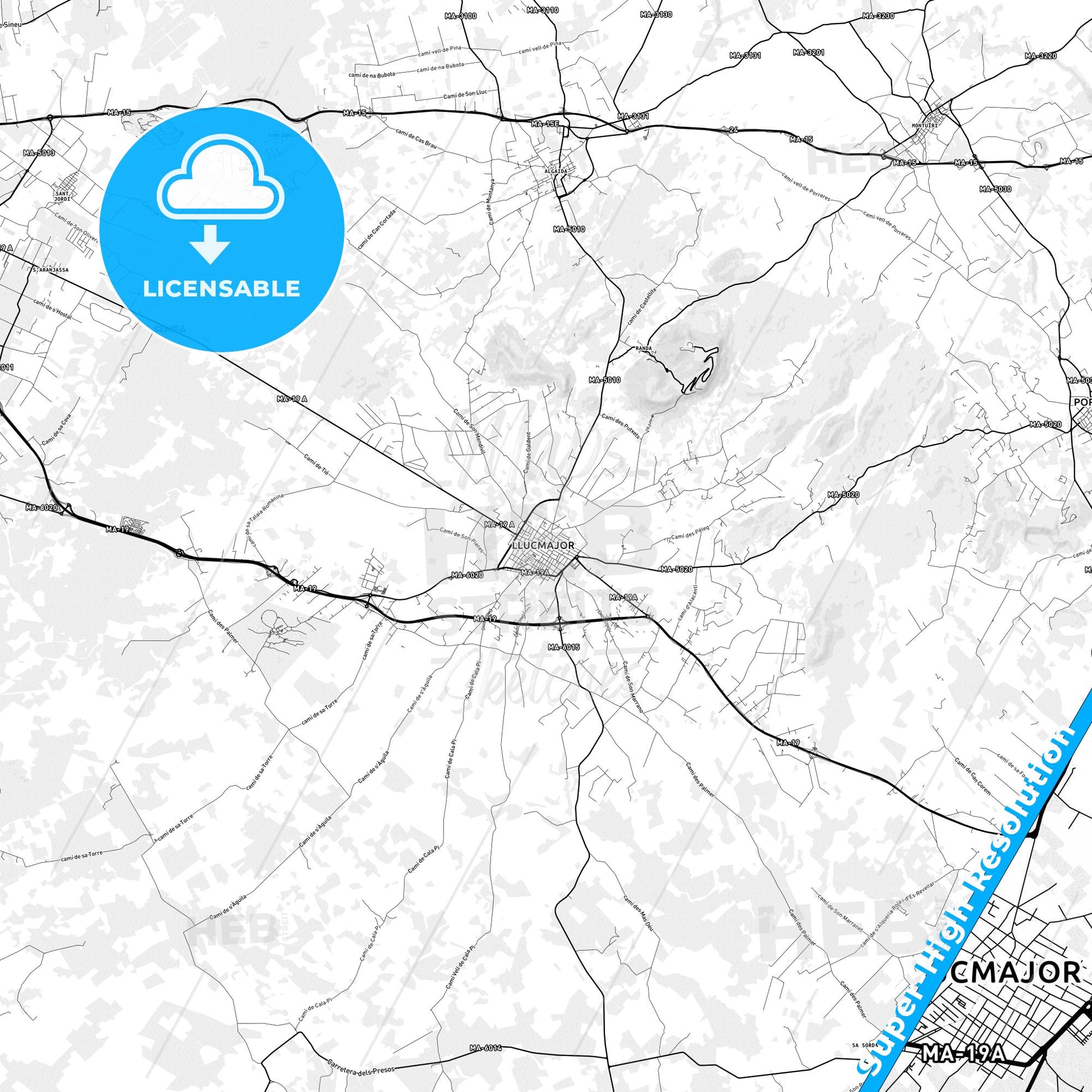 Llucmajor, Spain light map with streetnames, citynames and districts