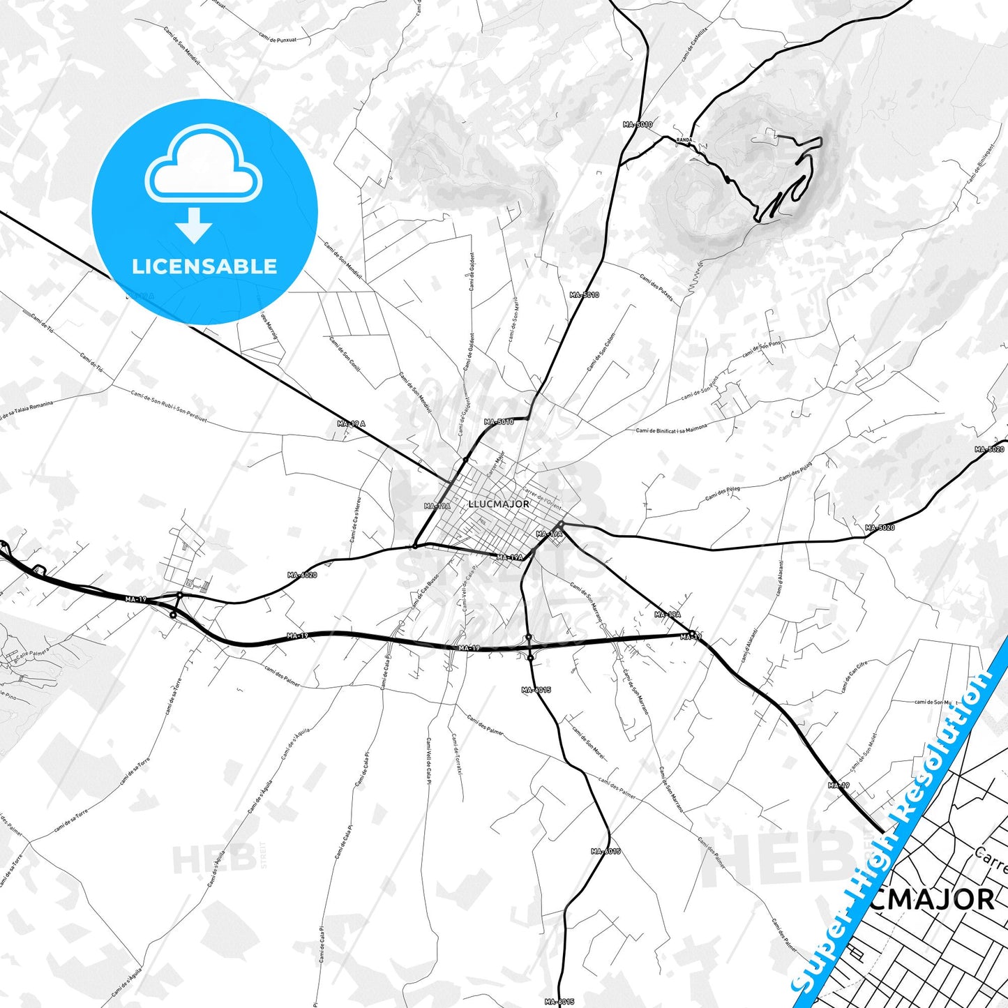 Llucmajor, Spain Light Map with Street Names, City Names, and Districts