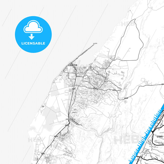 Lobito, Angola light map with streetnames, citynames and districts
