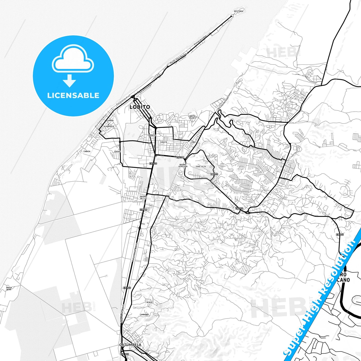 Lobito, Angola Light Map with Street Names, City Names, and Districts