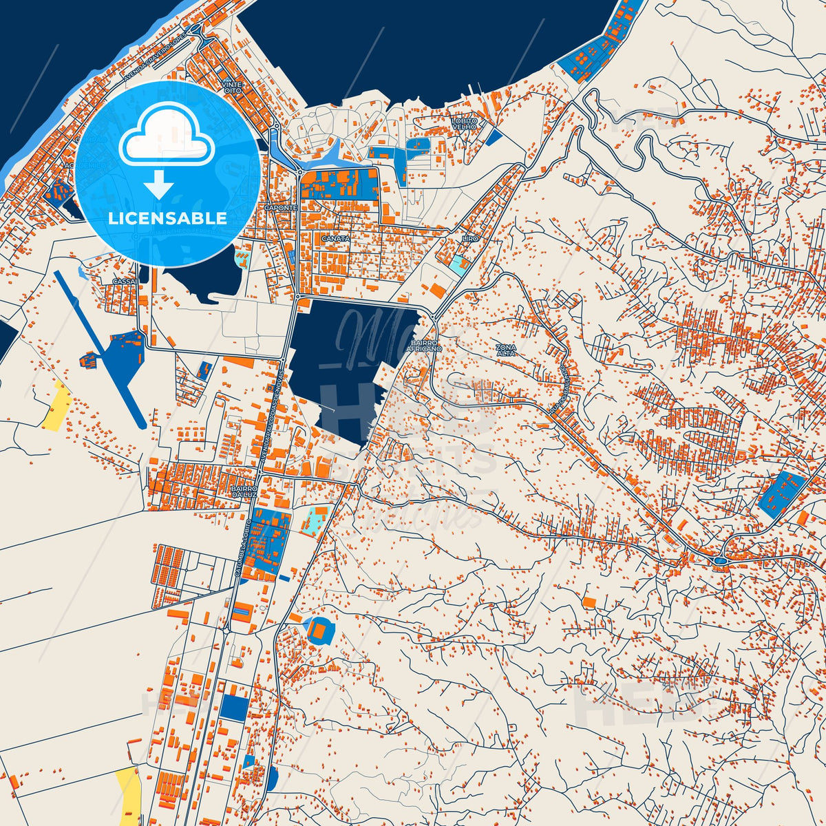 Colorful Lobito Street Map with Labels and Buildings