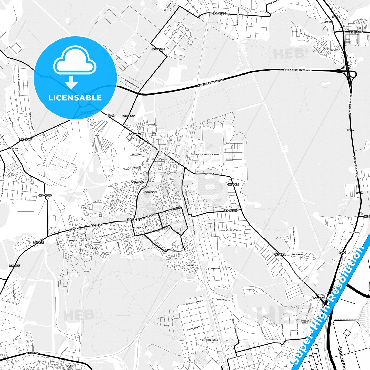 Lobnya, Russia Light Map with Street Names, City Names, and Districts