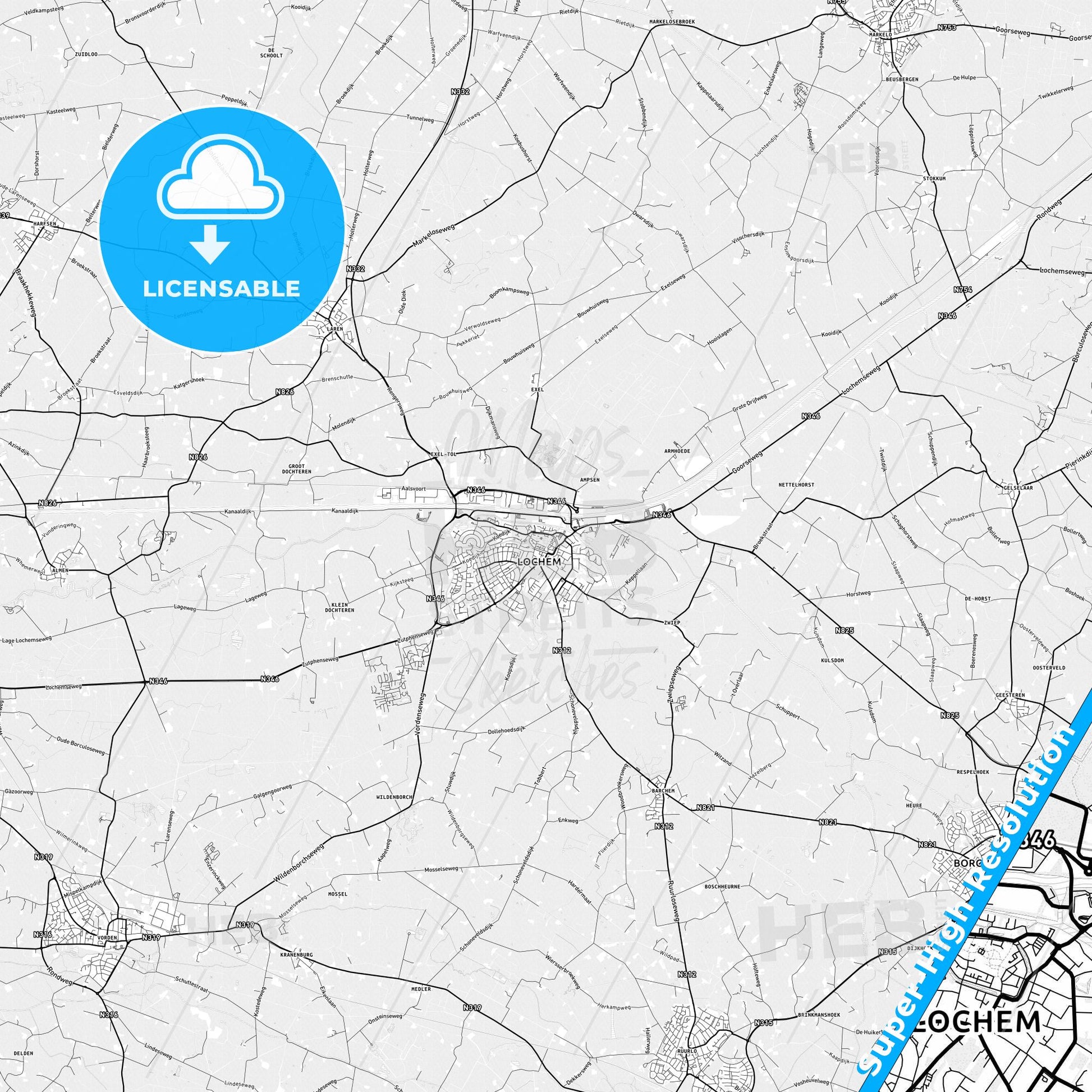 Lochem, Netherlands light map with streetnames, citynames and districts