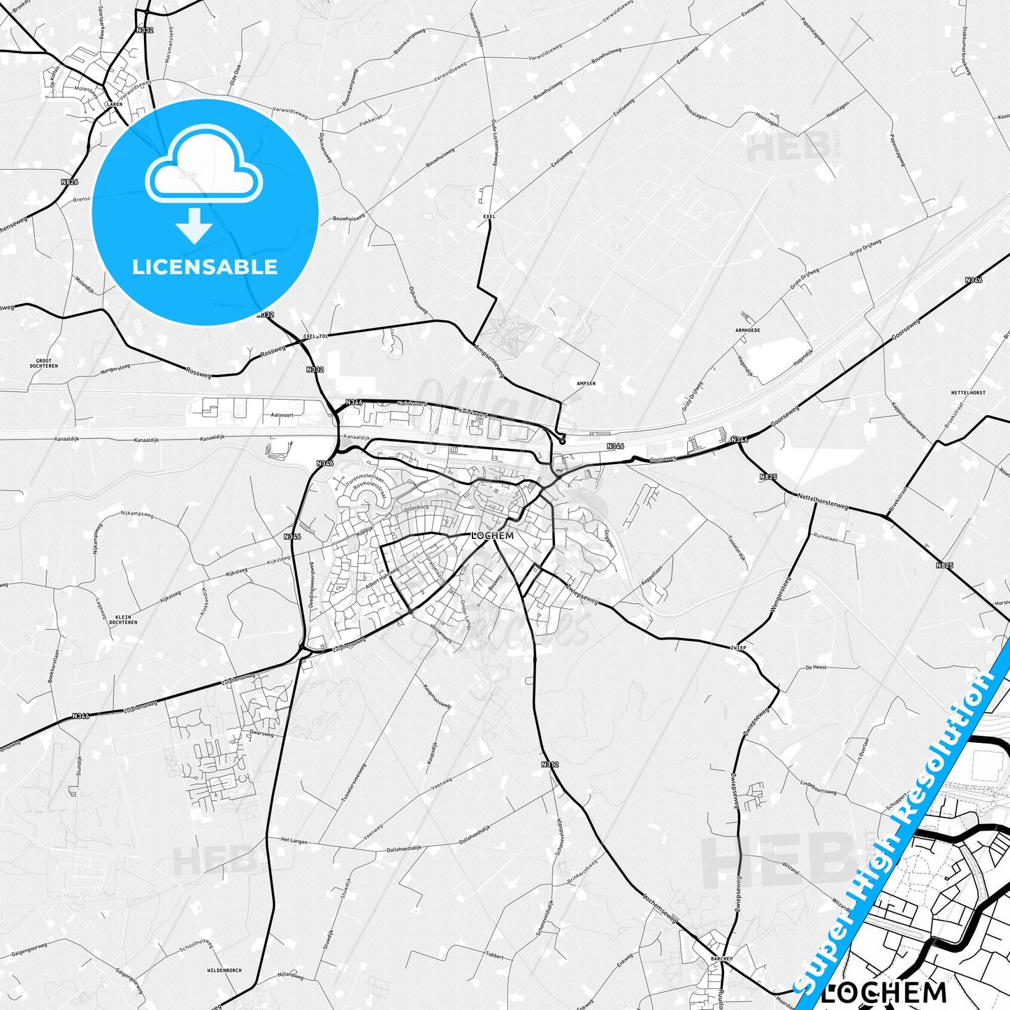 Lochem, Netherlands Light Map with Street Names, City Names, and Districts