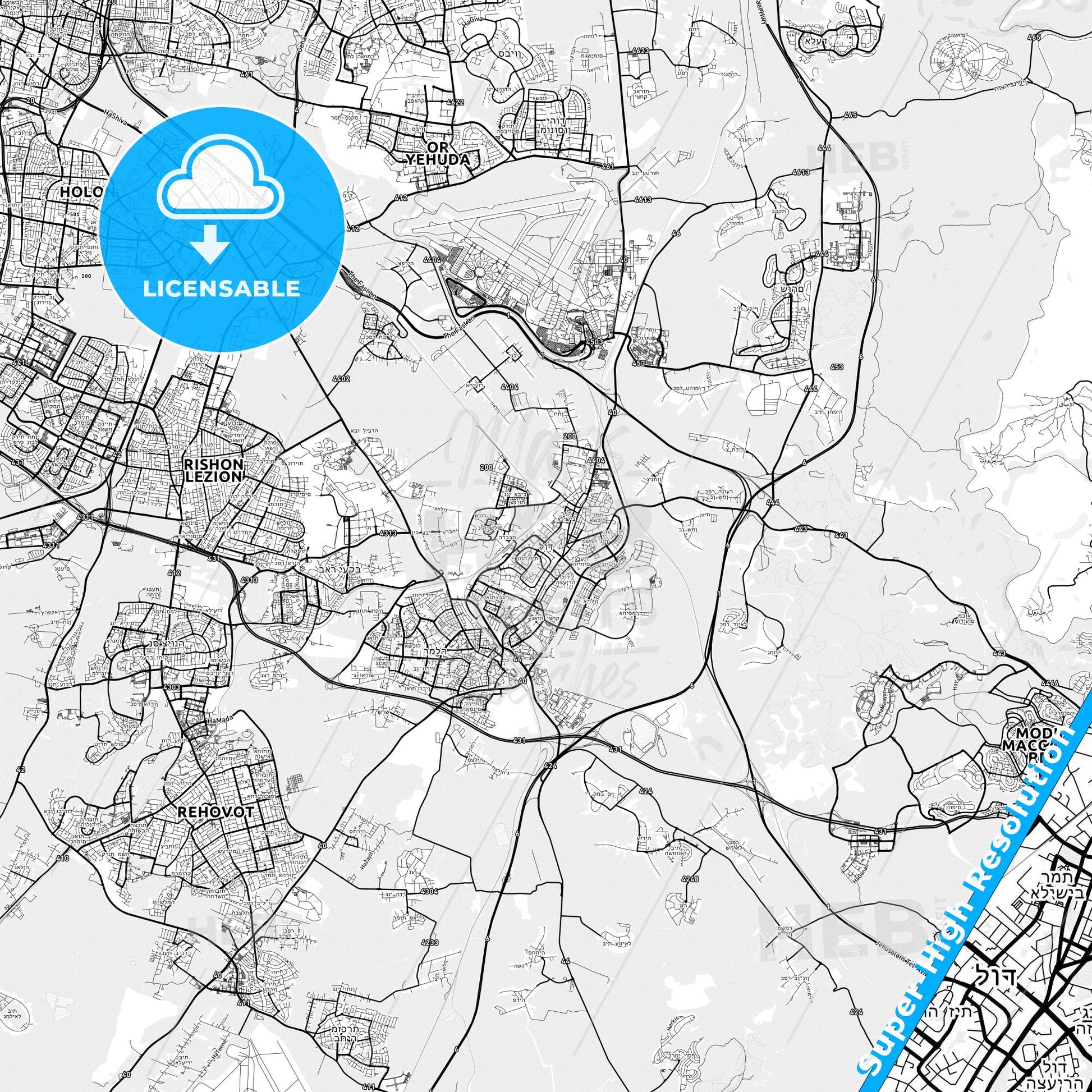 Lod, Israel light map with streetnames, citynames and districts