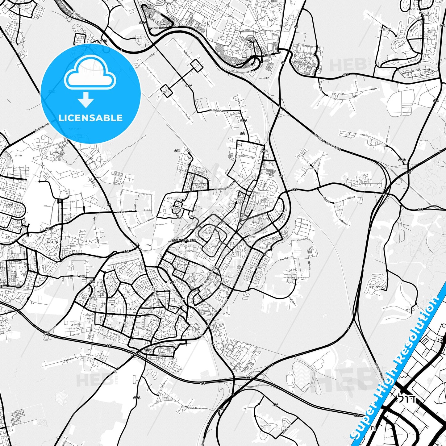 Lod, Israel Light Map with Street Names, City Names, and Districts