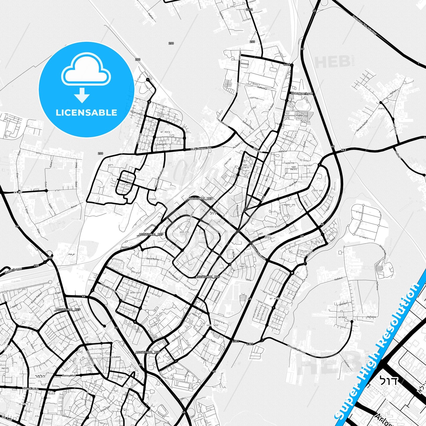Lod, Israel Light Map with Street Names, City Names, and Districts