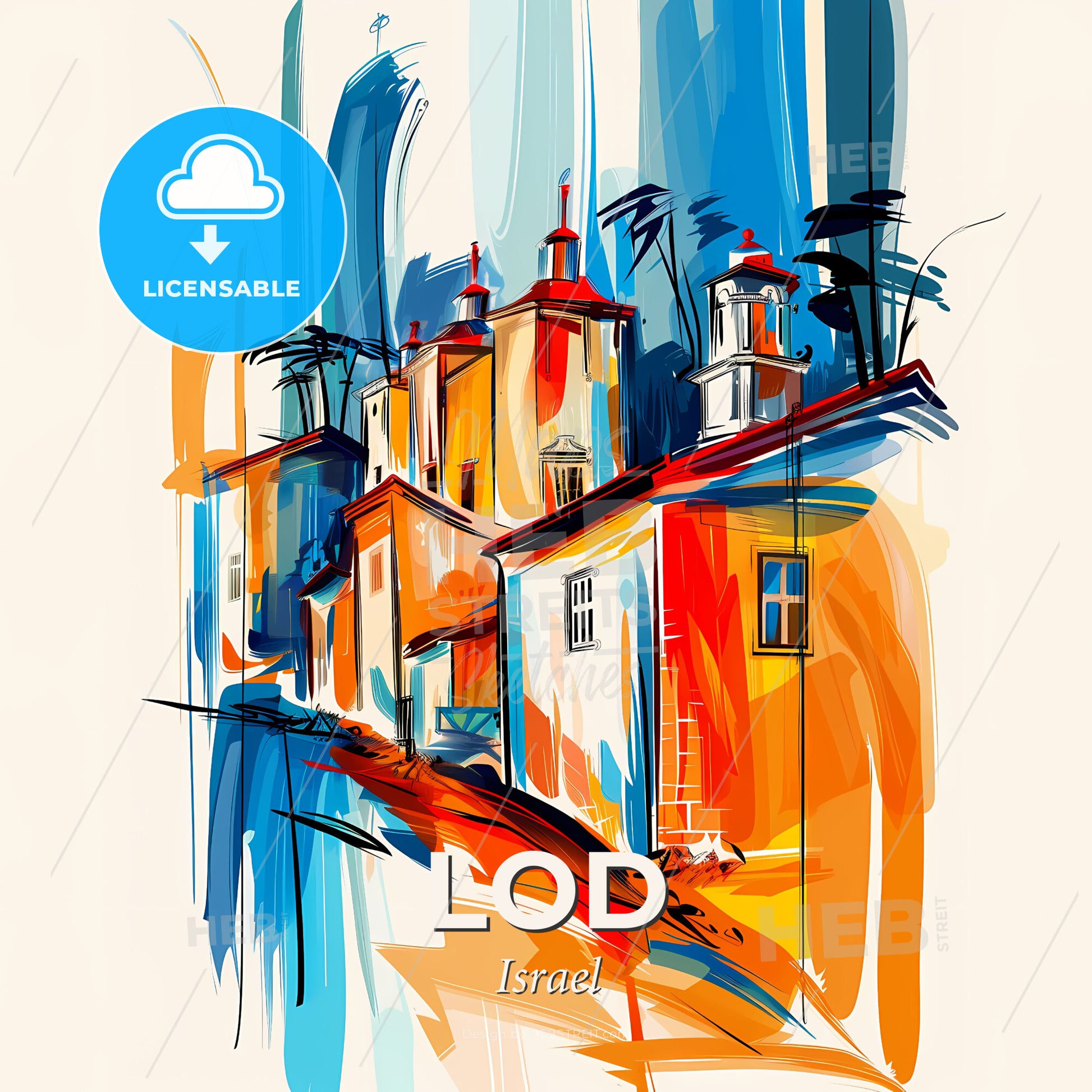 Vibrant Lod, Israel - A Painting Of Buildings On A Hill - Square format print template