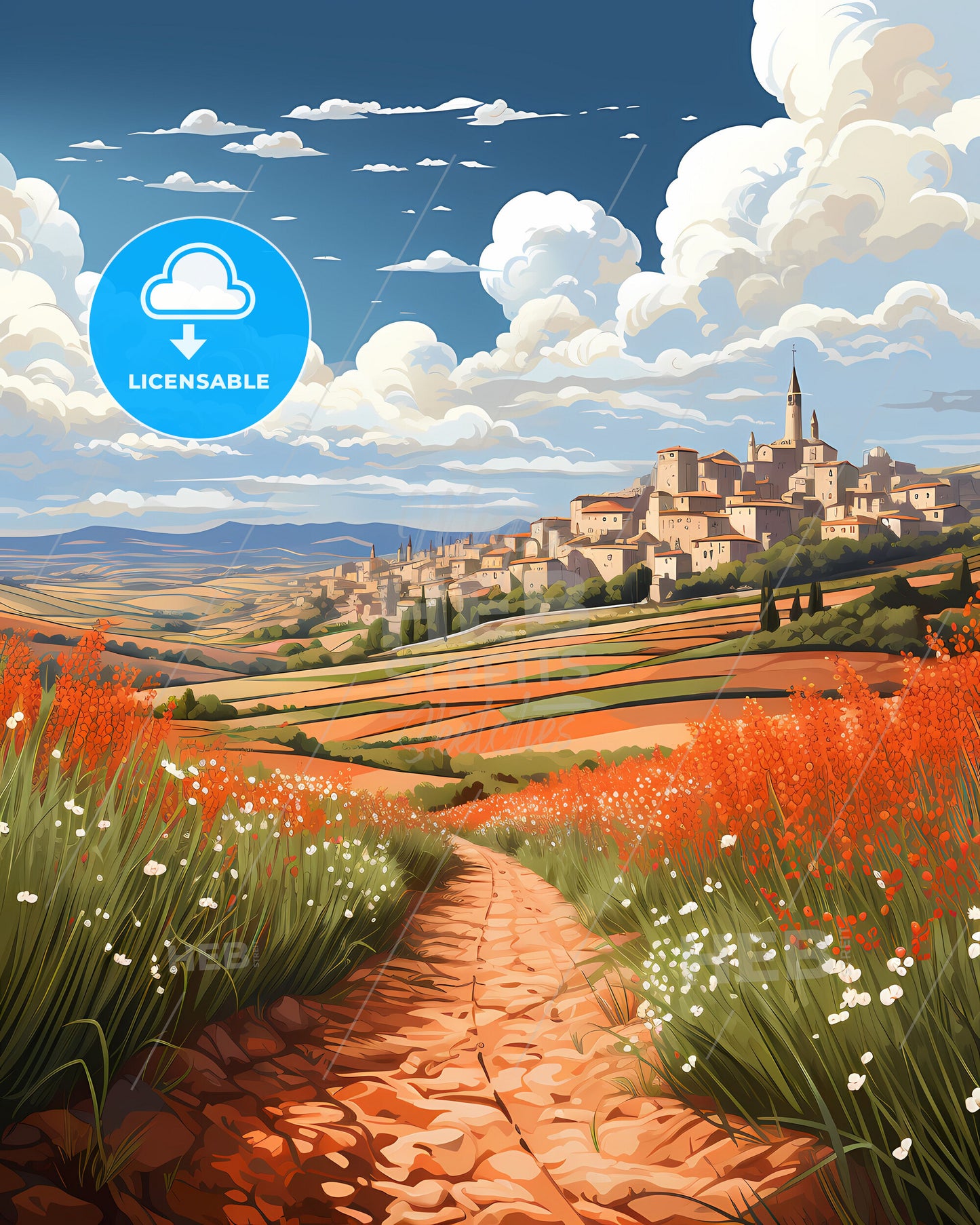 Vibrant Painting of Rural Village Skyline Dirt Path