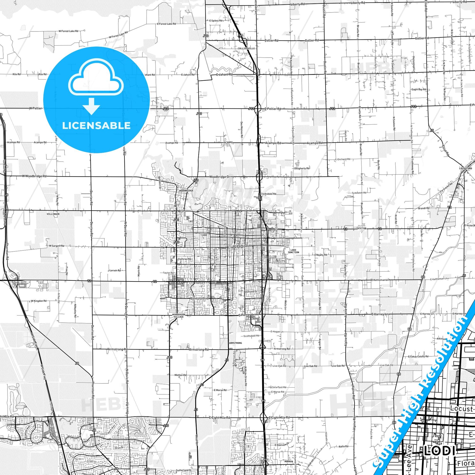Lodi, California light map with streetnames, citynames and districts